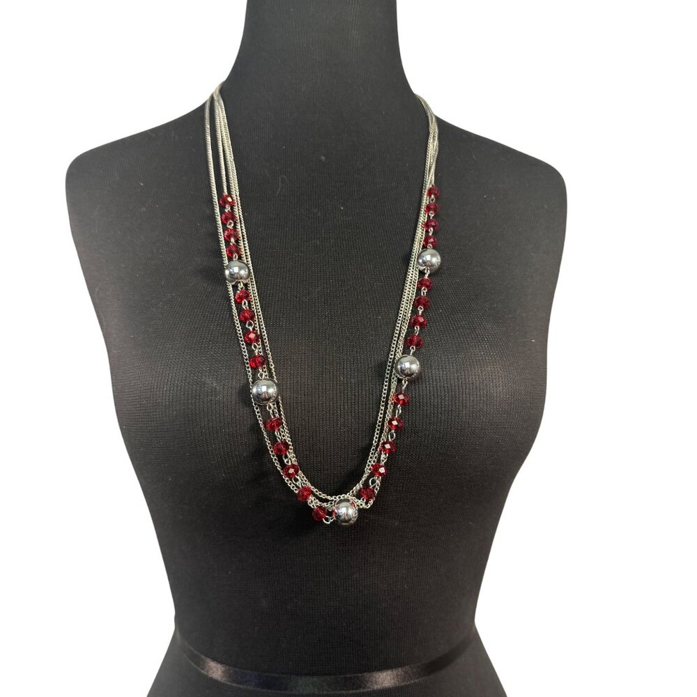 Layered Silver Chain Necklace Red Crystal Beads Silver Tone Spheres 30 Inches